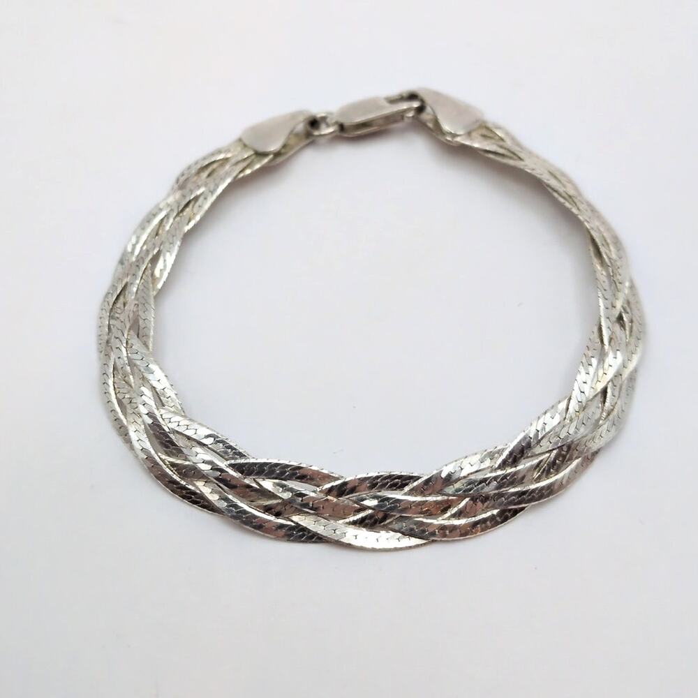 Sterling Silver 925 Italy Braided Flat Herringbone Bracelet 7in 6.86g 8.5mm